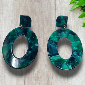 Vintage Y2K Oversized Green Marbled Acrylic Dangle Earrings Pierced Avant Garde